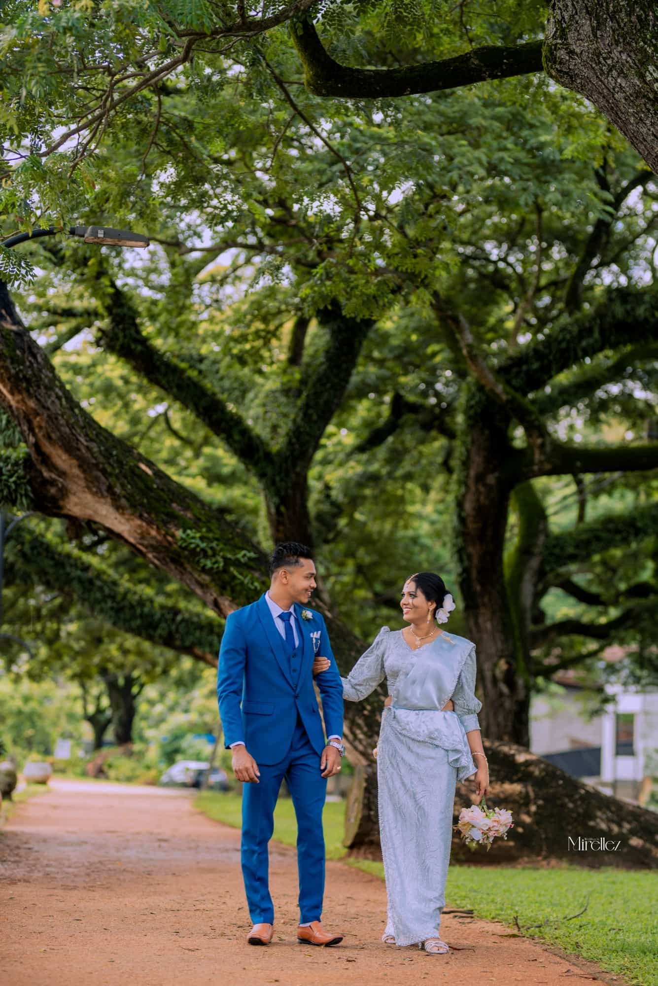 The couple walking a garden path beneath the sprawling branches of an old rain tree in soft green light